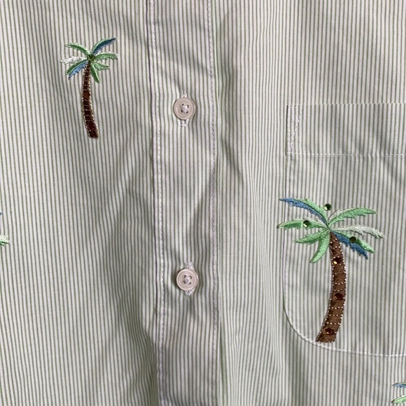 Tia Designs Women's Green & White Striped Button Down Shirt Palm Trees sz Large - Picture 4 of 7